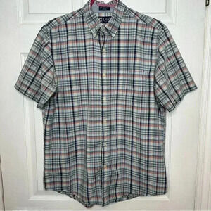 Chaps Button Down Casual Shirt Short Sleeved Collar Stripes Blue/White/Pink  Med